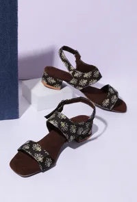 Brown  Cotton Ajrakh Strappy Block Heels image 1