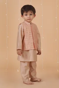 Set Of 3: Champagne Chanderi Kurta, Pajama & Peach Check Nehru Jacket image 1