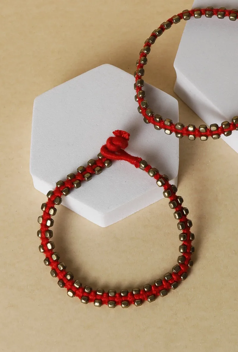 Set Of 2- Haya Red Thread German Silver Anklets