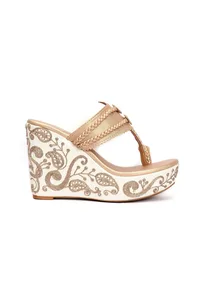Varnika Golden Hand Embroidered Braided One Toe Wedges image 5