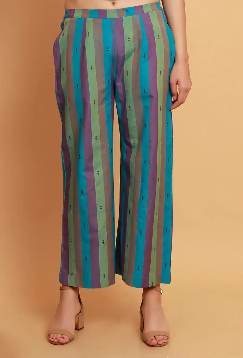 Blue Multicolor Stripe Woven Straight Pants