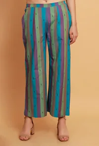 Blue Multicolor Stripe Woven Straight Pants image 1