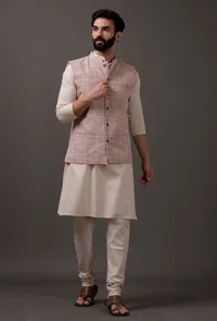 Set of 3: Beige Kurta pajama with Maroon Waist Coat image 1