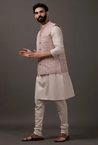 Set of 3: Beige Kurta pajama with Maroon Waist Coat image 2