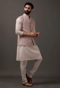 Set of 3: Beige Kurta pajama with Maroon Waist Coat image 3