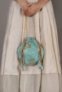 Sky Blue Embroidered Silk Potli image 2