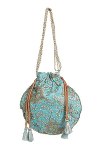 Sky Blue Embroidered Silk Potli image 3