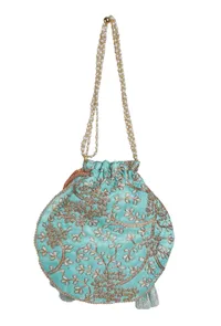 Sky Blue Embroidered Silk Potli image 5