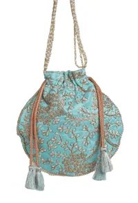 Sky Blue Embroidered Silk Potli image 6