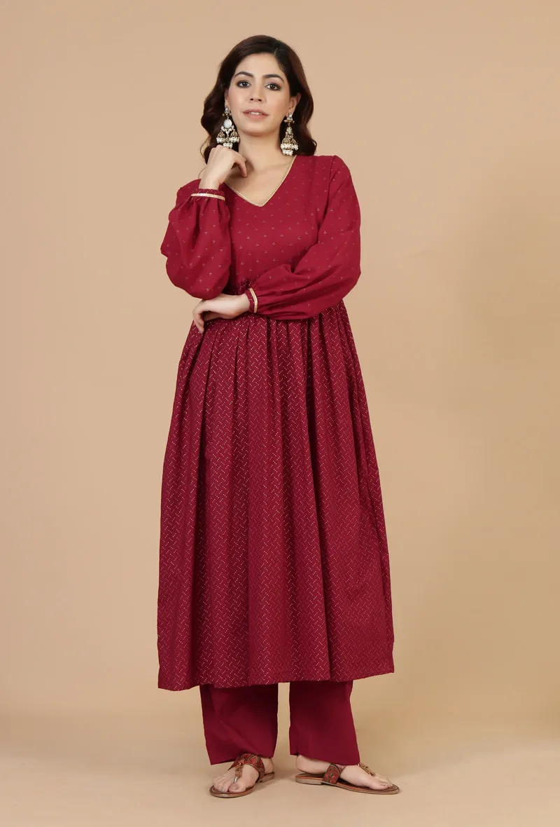 Maroon Handblock Printed Empire Kurta with Gota Detailing