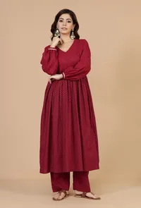 Maroon Handblock Printed Empire Kurta with Gota Detailing image 1