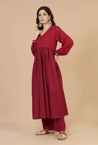 Maroon Handblock Printed Empire Kurta with Gota Detailing image 2