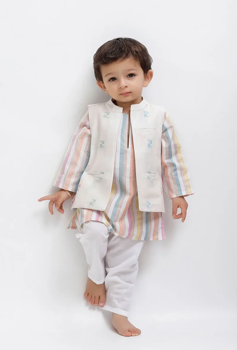 Set Of 3:  White Striped Kurta and White Pant with White Dobby Nehru Jacket