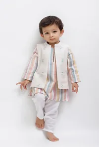 Set Of 3:  White Striped Kurta and White Pant with White Dobby Nehru Jacket image 1