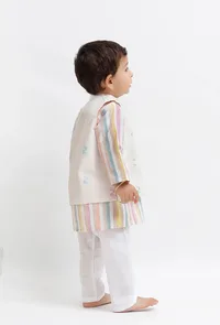 Set Of 3:  White Striped Kurta and White Pant with White Dobby Nehru Jacket image 3