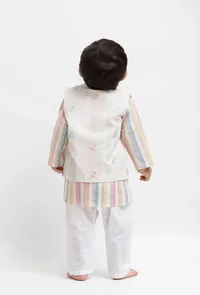 Set Of 3:  White Striped Kurta and White Pant with White Dobby Nehru Jacket image 4