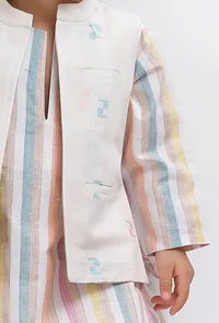Set Of 3:  White Striped Kurta and White Pant with White Dobby Nehru Jacket image 5