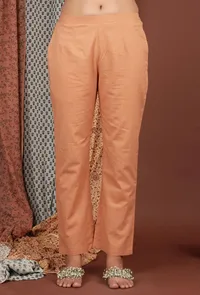 Set Of 3: Aadila Peach Slip Mulmul Kurta, Pant & Hand Block Printed Dupatta image 5