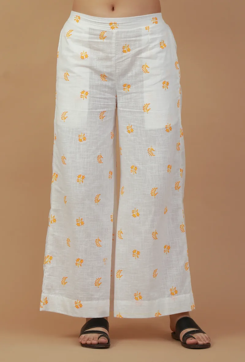 White Handblock Printed Cotton Palazzo