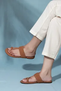 Tan Brown Cruelty free Leather inspired Kolhapuri with multiple braidings image 1