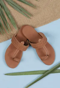Tan Brown Cruelty free Leather inspired Kolhapuri with multiple braidings image 2
