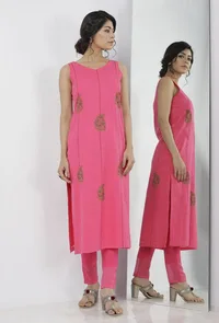 Raisa Pink Floral Motif Hand-Block Printed Kota Straight Fit Sleeveless Kota Kurta image 1