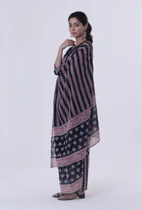 Set Of 3: Black Cotton Rayon Kurta With Pant & Dupatta Set image 2