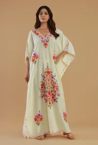 Aari Floral Embroidery Off-White Kashmiri Satin Kaftan- Free Size image 1