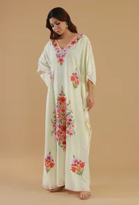 Aari Floral Embroidery Off-White Kashmiri Satin Kaftan- Free Size image 2