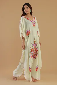 Aari Floral Embroidery Off-White Kashmiri Satin Kaftan- Free Size image 3