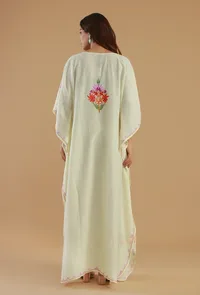 Aari Floral Embroidery Off-White Kashmiri Satin Kaftan- Free Size image 4