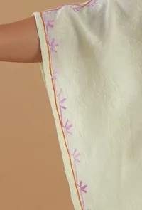 Aari Floral Embroidery Off-White Kashmiri Satin Kaftan- Free Size image 6