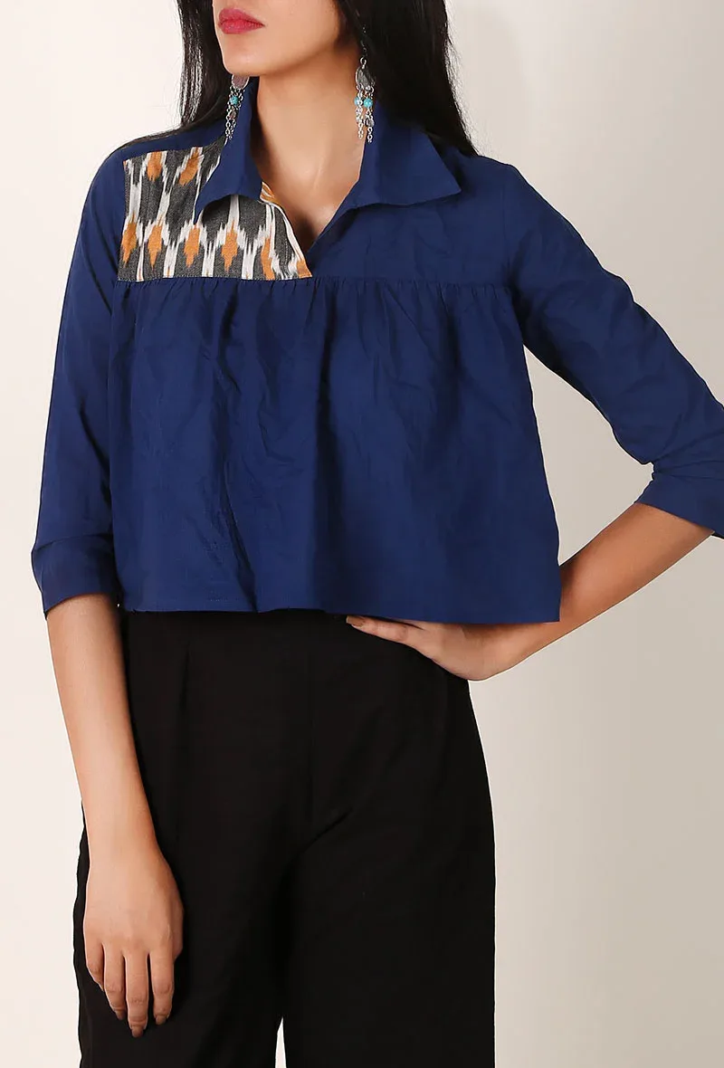 Blue plan cotton and black & orange ikat blouse