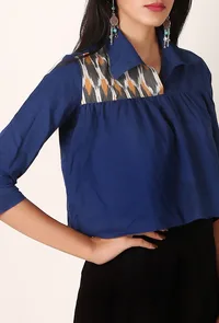 Blue plan cotton and black & orange ikat blouse image 2