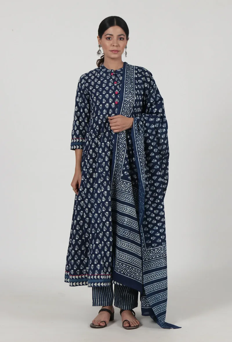 Set Of 3: Indigo Printed Blue Cotton Anarkali, Pant & Dupatta Set