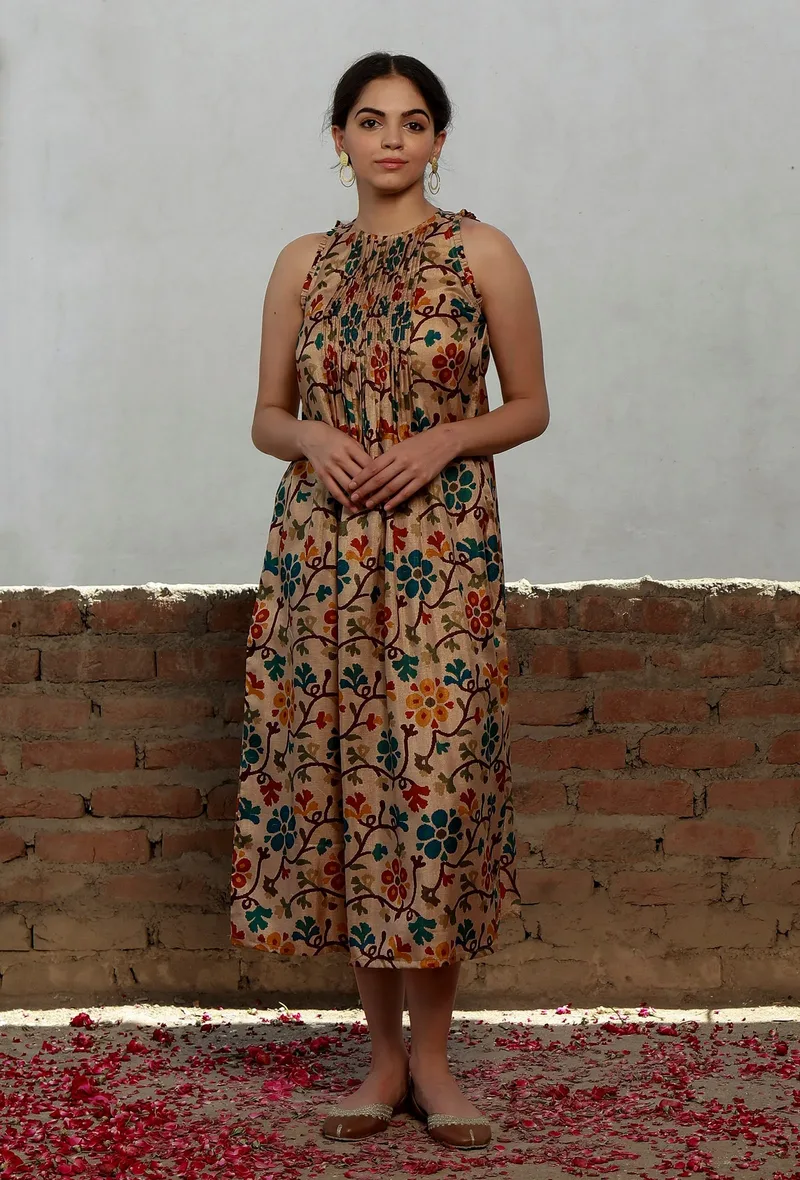 Beige Kalamkari Printed Cotton Silk Pintuck A Line Dress