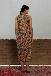 Beige Kalamkari Printed Cotton Silk Pintuck A Line Dress image 3