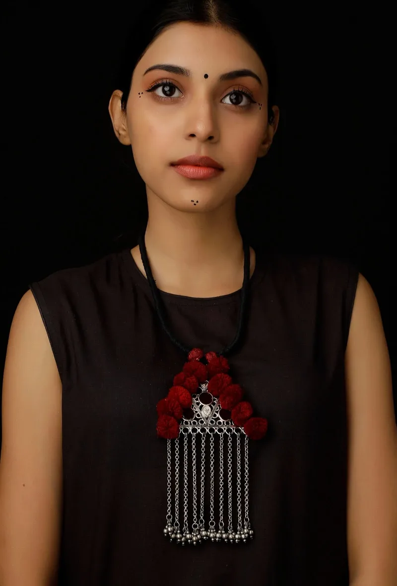 Maroon Pom Pom Handcrafted Tribal Necklace