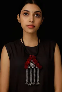 Maroon Pom Pom Handcrafted Tribal Necklace image 1