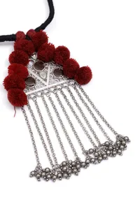 Maroon Pom Pom Handcrafted Tribal Necklace image 3