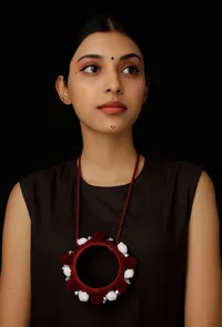 Maroon Pom Pom Handcrafted Tribal Necklace image 4
