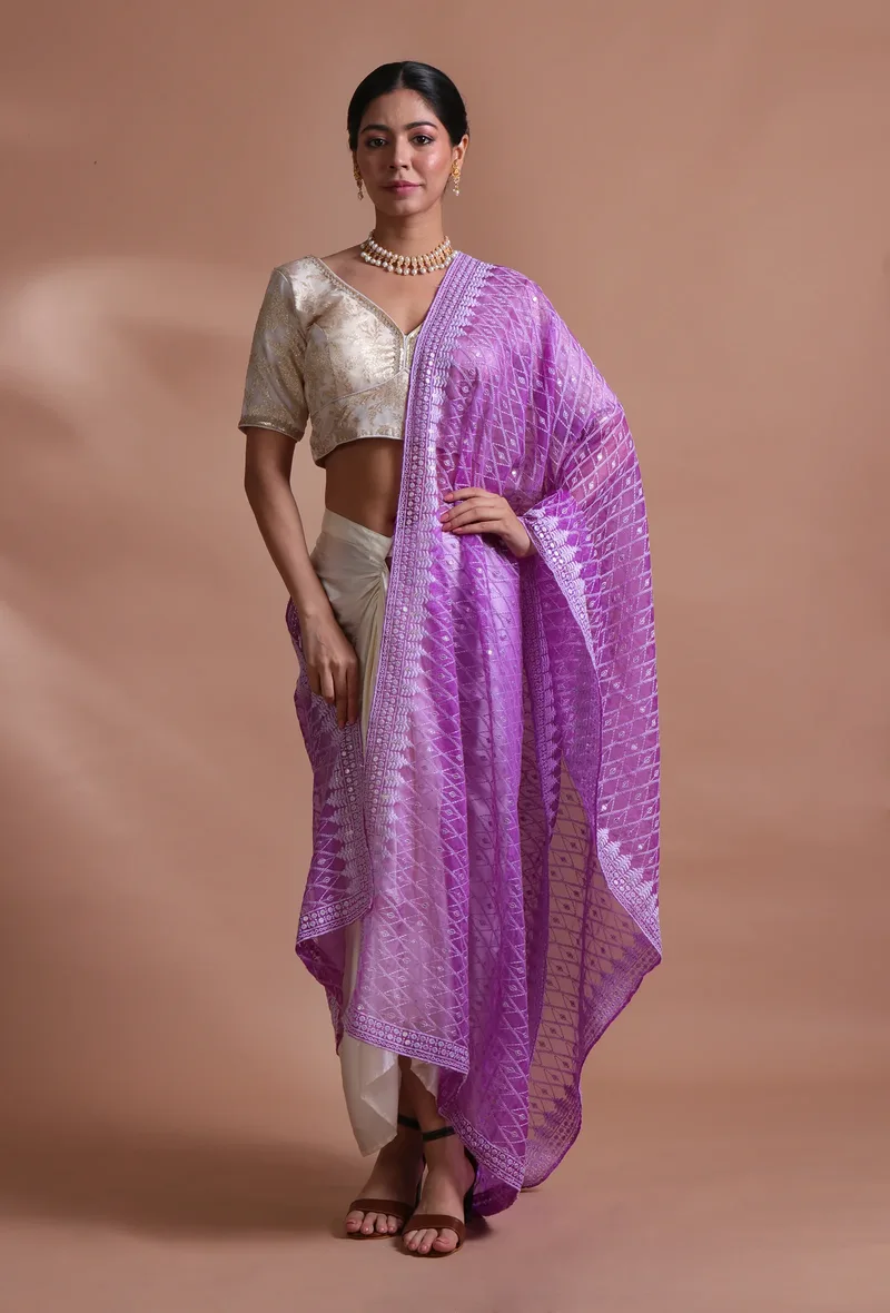Light Purple Color Silk Organza Embroidered Dupatta