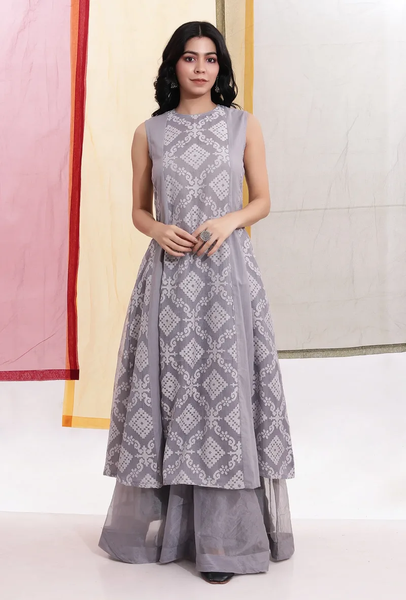 Cloud Grey Brasso Organza & Cotton Panelled Flared Kurta