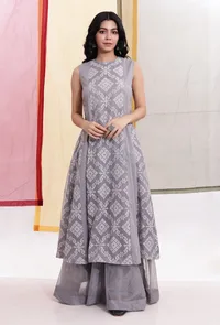 Cloud Grey Brasso Organza & Cotton Panelled Flared Kurta image 1