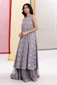 Cloud Grey Brasso Organza & Cotton Panelled Flared Kurta image 2