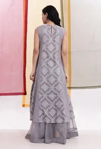 Cloud Grey Brasso Organza & Cotton Panelled Flared Kurta image 3