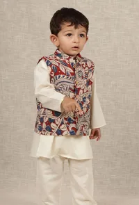 Kavin Maroon & Beige Cream Kalamkari Printed Cotton Nehru Jacket image 1