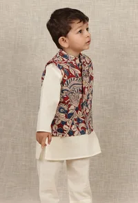 Kavin Maroon & Beige Cream Kalamkari Printed Cotton Nehru Jacket image 2