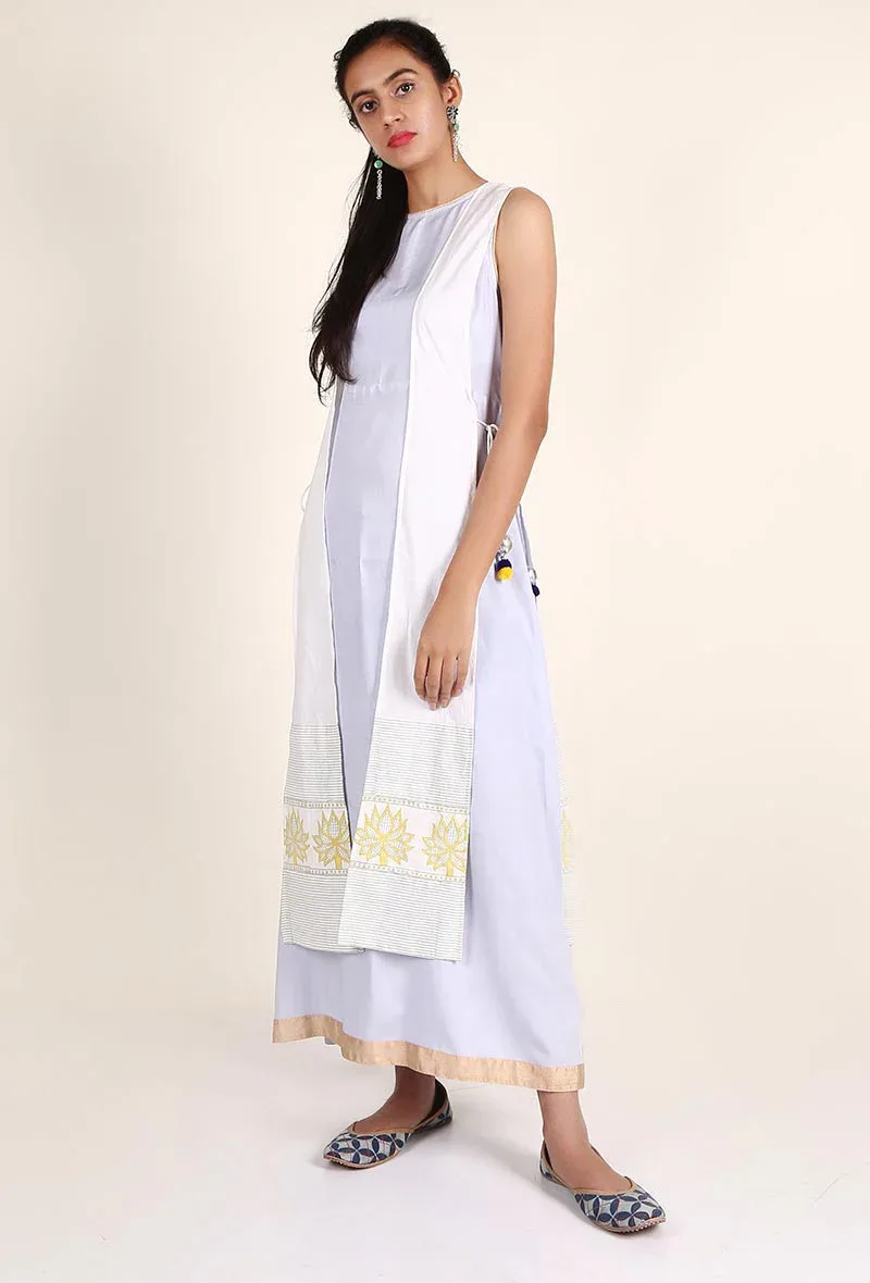 Powder Blue Rayon Maxi Dress With White Cotton Tie Up Overlay Set Featuring Gold and Black Block Printing Set
