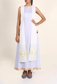 Powder Blue Rayon Maxi Dress With White Cotton Tie Up Overlay Set Featuring Gold and Black Block Printing Set image 2